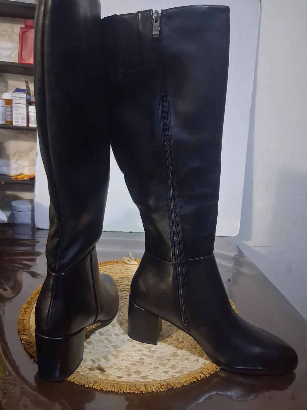 Women's knee-high boots, block heel, round toe, side zipper